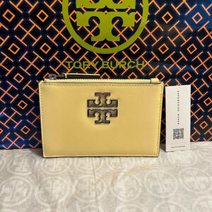 Tory Burch Britten Soft Zip Card Case Mini Wallet Vintage Lemon Silver Yellow